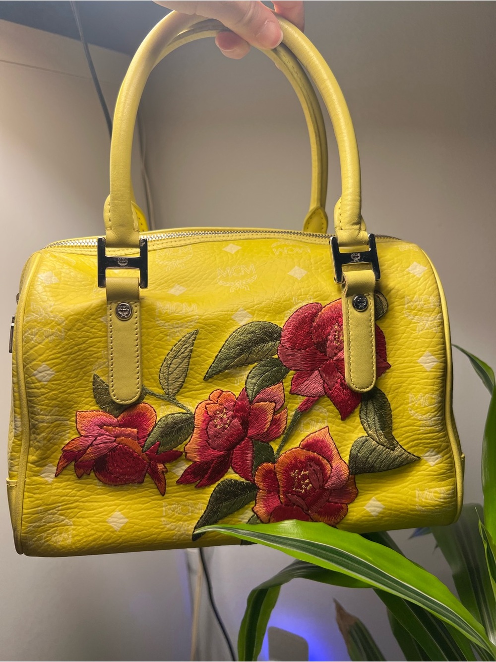 RARE MCM Yellow Visetos Floral Embroidered Boston Satchel Bag